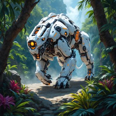 The primary subject of the image is a robotic animal, which appears to be a mix between a lion and a robot. It is standing on a dirt path surrounded by a forest, with a few potted plants nearby. The visual style of the image is digital art, giving it a futuristic and fantastical appearance. The colors and mood of the image are predominantly dark, with the robotic animal being the main focus of the scene.